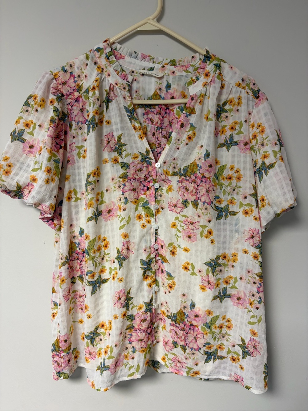 lovestitch White Floral Button-Down Shirt with Pink & Yellow Flowers
